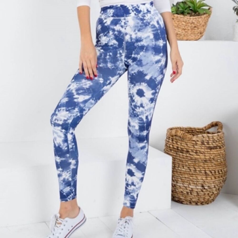Peach Love California, Blue & White Tie Dyed Boho Hippy Leggings, Women’s Small